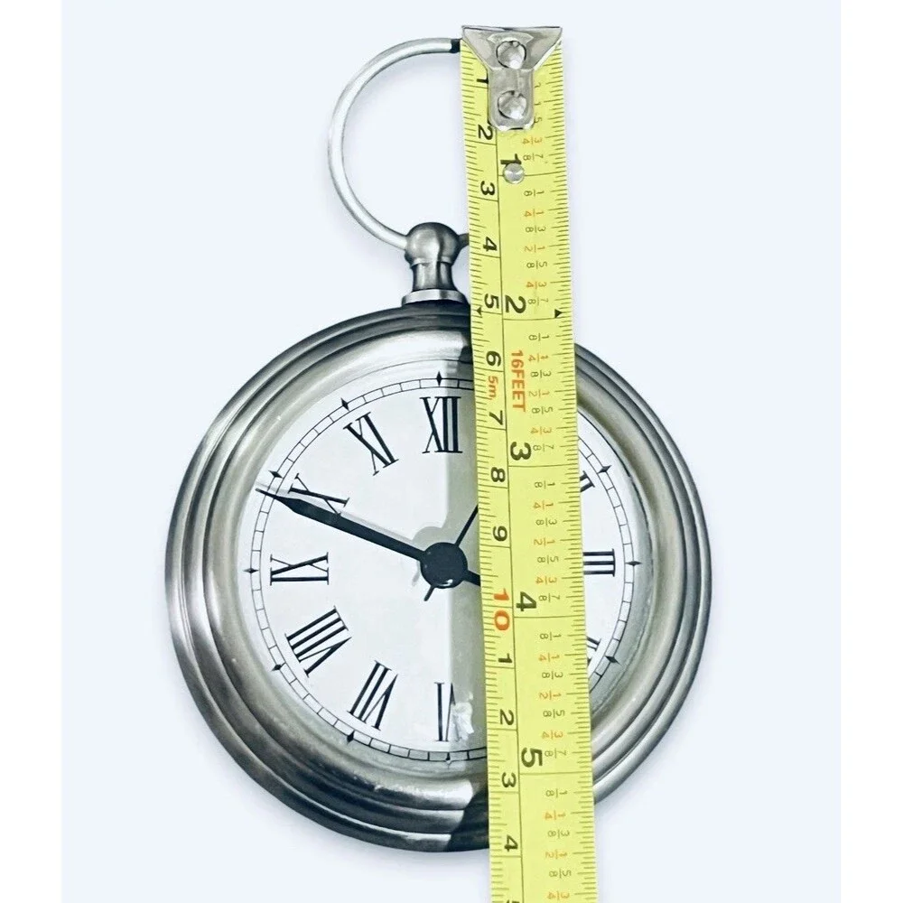 Pottery Barn Round Brushed Silver Pocket watch style Clock Shelf Decor Tested